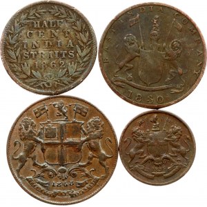 India - British Straits Settlements 1/12 Anna - 1/2 Cent 1830-1862 East India Company Lot of 4 Coins