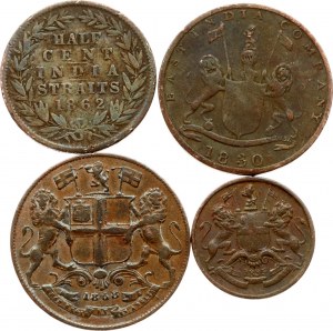 Inde - British Straits Settlements 1/12 Anna - 1/2 Cent 1830-1862 East India Company Lot de 4 pièces