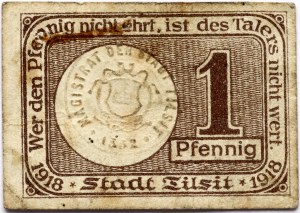 Teil Litauen Ostpreußen Tilsit (Sovetsk) 1 Pfennig Note 1918