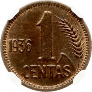 Lithuania 1 Centas 1936 NGC MS 63 BN