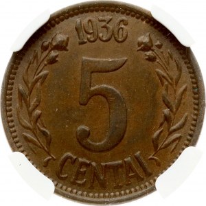 Lithuania 5 Centai 1936 NGC AU 58 BN