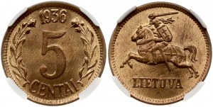 Lithuania 5 Centai 1936 NGC MS 64 RB