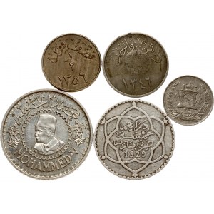Maroko 5 dirhamów 1329 (1911) i 500 franków 1376 (1956) z monetami różnych krajów Lot 5 monet