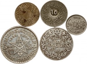 Maroko 5 dirhamů 1329 (1911) & 500 franků 1376 (1956) s mincemi různých zemí Sada 5 mincí
