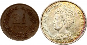 Netherlands 2½ Cents 1877 & 1 Gulden 1915 Lot of 2 coins