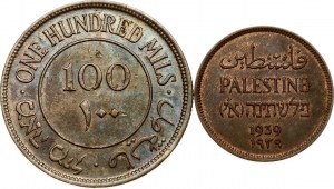 Palestine 1 Mil 1939 & 100 Mils 1942 Lot of 2 coins
