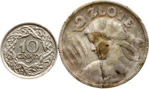 Polsko 10 Groszy 1923 & 2 Zlote 1924 Paříž Sada 2 mincí