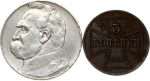 Polsko 10 zlotých 1935 & Rusko 3 kopějky 1916 Sada 2 mincí