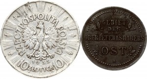 Polsko 10 zlotých 1935 & Rusko 3 kopějky 1916 Sada 2 mincí