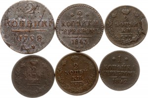 Russland 1 & 2 Kopeken 1798-1843 Lot von 6 Münzen