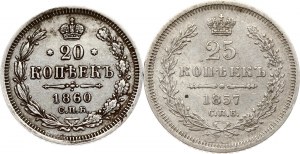 Rusko 25 kopějek 1857 СПБ-ФБ & 20 kopějek 1860 СПБ-ФБ Sada 2 mincí