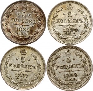 Russia 5 Kopecks 1887-1890 СПБ-АГ Lot of 4 coins