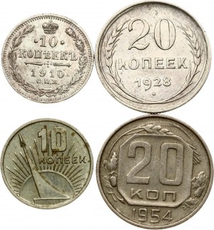 Russland 10 & 20 Kopeken 1910-1967 Lot von 4 Münzen