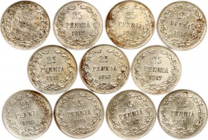 Russland Für Finnland 25 Pennia 1915 - 1917 Lot von 11 Münzen