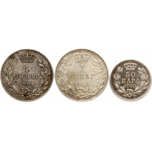 Serbia 50 Para & 1 Dinar 1904-1915 Lot of 3 coins