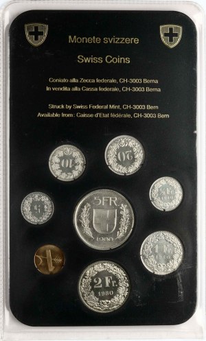 Switzerland 1 Rappen - 5 Francs 1980 Set of 8 Coins