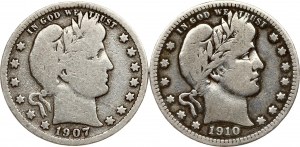 USA 1/4 dolára 1907 S & 1910 'Barber Quarter' Lot of 2 coins