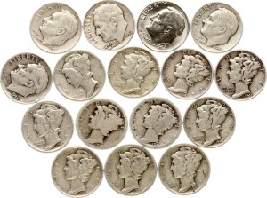 USA Dime 1920-1969 Sada 16 mincí