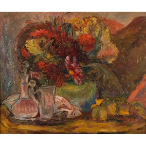 Leonard Pękalski (1896-1944), Martwa natura z bukietem kwiatów, karafką i cytrynami, 1932 r.