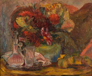 Leonard Pękalski (1896-1944), Martwa natura z bukietem kwiatów, karafką i cytrynami, 1932 r.