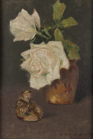 Feliks Michał Wygrzywalski (1875 Przemyśl - 1944 Rzeszów), Kwiaty białej róży i figurka buddy, 1917 r.