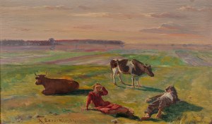 Kazimierz Lasocki (1871 Gąbin – 1952 Warszawa), Na łące z krowami, 1934 r.