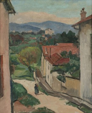 Maurycy Mędrzycki (1890 - 1951), Vicolo di un villaggio animato, 1924