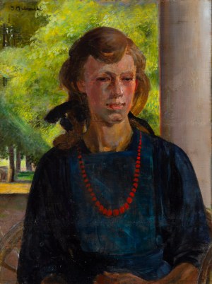Jacek Malczewski (1854 Radom - 1929 Krakov), Dívka v červeném korálu na verandě v Lusławicích, asi 1920