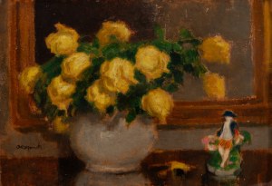Alfons Karpiński (1875 Rozwadów près de Tarnobrzeg - 1961 Kraków), Roses jaunes et figurine en porcelaine