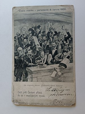 CARTE POSTALE PEINTURE MUSIQUE BOHÈME, MUSICIENS, ORCHESTRE, LUBLIN, AVANT-GUERRE 1900, TIMBRE