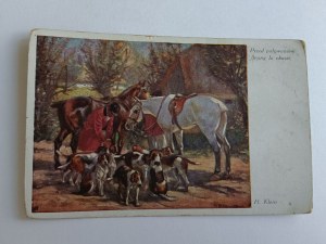 POSTCARD PAINTING POLISH KLEIN, BEFORE HUNTING, HORSES, DOGS, HUNTING, HUNTING, HUNTER, PRE-WAR