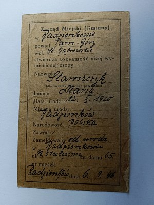 TEMPORARY IDENTITY CARD, RADZIONKÓW, TARNOWSKIE GÓRY DISTRICT YEAR 1946