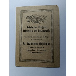 ŚWIADECTWO PRZYJĘCIA BIERZMOWANIA, WROCLAW 1924