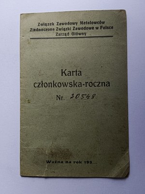 METALWORKERS TRADE UNION MEMBERSHIP CARD, KATOWICE 1938