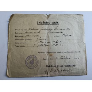 ŚWIADECTWO CHRZTU JANÓW BISZOWIEC 1937