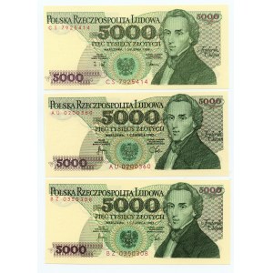 5.000 złotych 1982-1988 - zestaw 3 banknotów, serie AU, BZ oraz CS