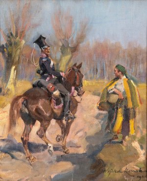 Wojciech KOSSAK (1856 Parigi - 1942 Cracovia), Lanciere a cavallo e ragazza, 1921