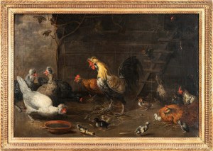 Melchior DE HONDECOETER (1636 Utrecht - 1695 Utrecht), Rooster with hen and chicks [Chicken yard], 1660s.