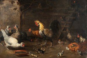 Melchior DE HONDECOETER (1636 Utrecht - 1695 Utrecht), Rooster with hen and chicks [Chicken yard], 1660s.