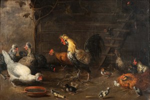 Melchior DE HONDECOETER (1636 Utrecht - 1695 Utrecht), Kogut z kurą i pisklętami [Podwórze z kurami], lata 60. XVII w.