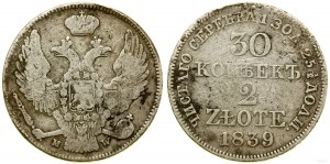 Poland, 30 kopecks = 2 zlotys, 1839 MW, Warsaw