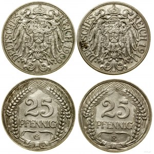 Cesarstwo Niemieckie, lot 2 x 25 fenigów, 1909 G (Karlsruhe), 1911 E (Muldenhütten