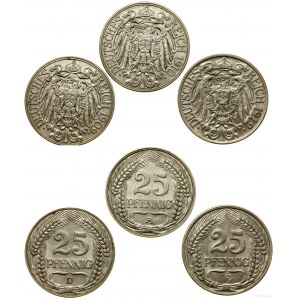Cesarstwo Niemieckie, lot 3 x 25 fenigów, 1909 D (Monachium), 1910 A (Berlin), 191
