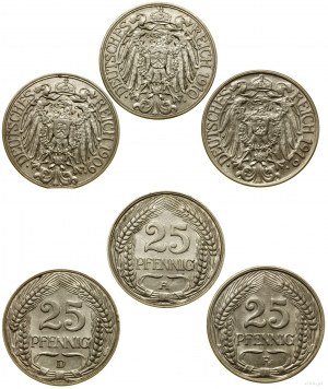 Deutsches Reich, Los 3 x 25 fenig, 1909 D (München), 1910 A (Berlin), 191