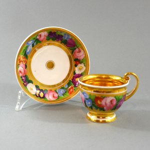 Cup and saucer, Gardner footnote, early 19th century.