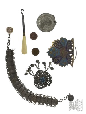Tinker Set - Enameled Belt Buckle in Art Deco Style, San Marino Bracelet, Thornaby-On-Tees(?) Pendant, Tinker Pendant, Three Pens