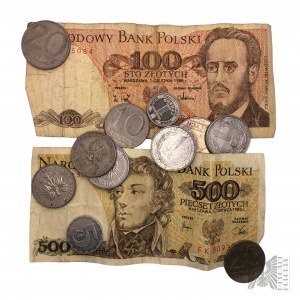 Volksrepublik Polen - Warum Waryński traurig ist, Banknote 100 Zloty, Banknote 500 Zloty, Münzen 11 Stück