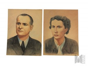 Artiste inconnu (XXe siècle) - Deux portraits d'un homme et d'une femme (années 1940-50 ?), Aquarelle sur carton