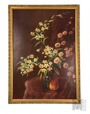 K. Rybarczyk, (20. Jahrhundert) - Stillleben mit Blumen und Birnen (1990), Öl auf Platte
