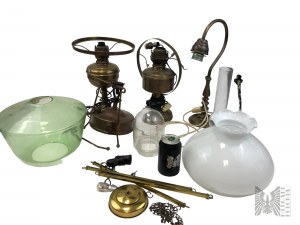 Grande set di lampade a olio elettrificate, due lampade, bruciatore, paralumi per lampade a olio